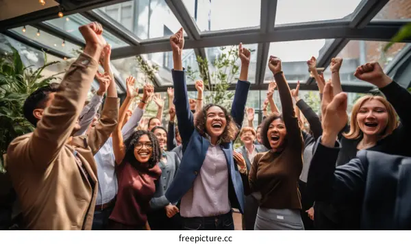 Diverse group of business professionals cheering and celebrating their success