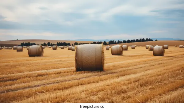 Field of hay bales under cloudy sky