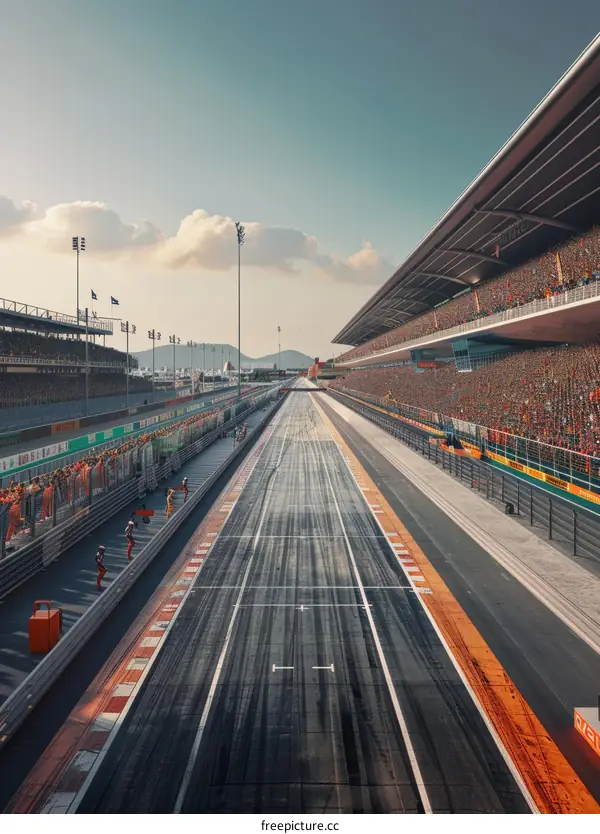 Formula One race track with grandstands full of spectators