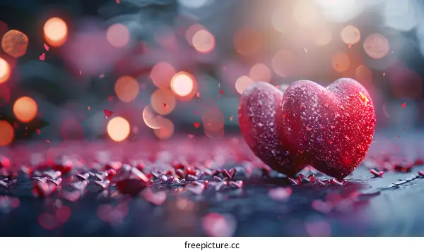 Two red hearts on a dark blue background with red heart-shaped confetti falling from the top of the image.