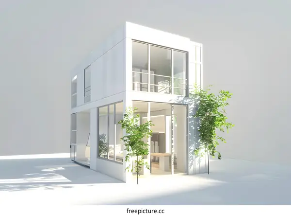 Modern Minimalist House Design With White Walls and Green Plants