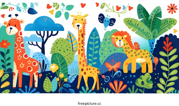 Cute Animals in Jungle Illustration