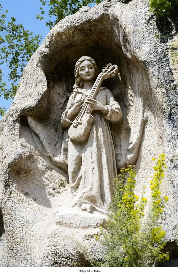 Stone Sculpture of Angel Playing a Lute