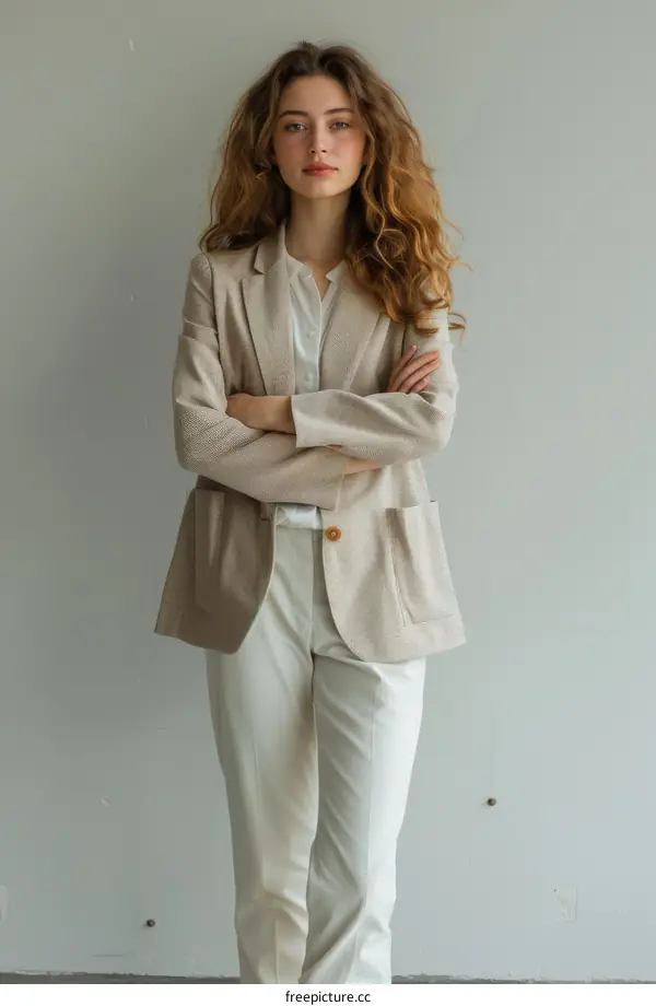 Elegant Business Woman with Curly Hair Wearing a Suit