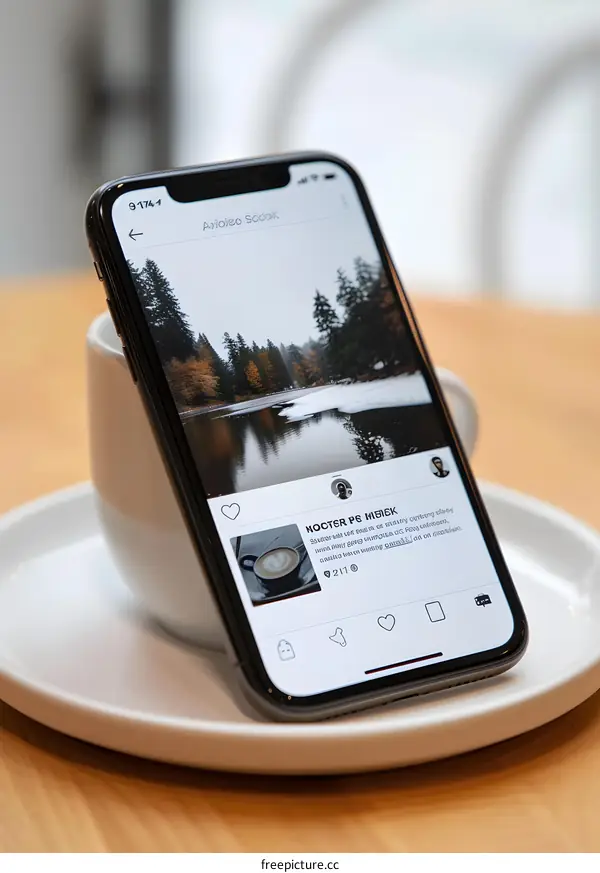 Black Smartphone with Autumn Landscape Photo on Screen