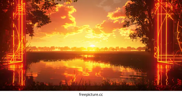 Sunset Over Tranquil Lake Through Neon Gate