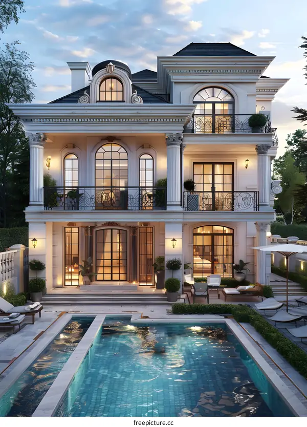 Large white modern villa with pool