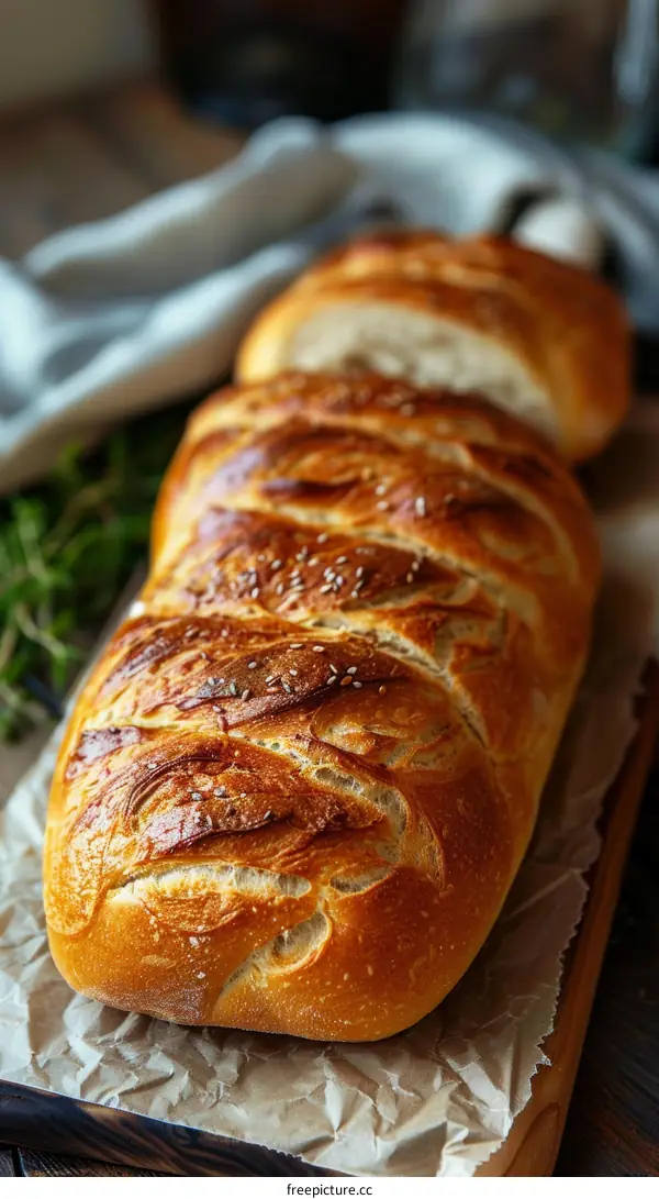Loaf of braided bread with sesame seeds on a wooden board