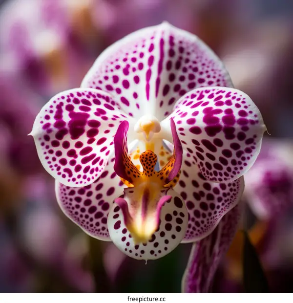 A beautiful orchid flower with purple spots on a white background