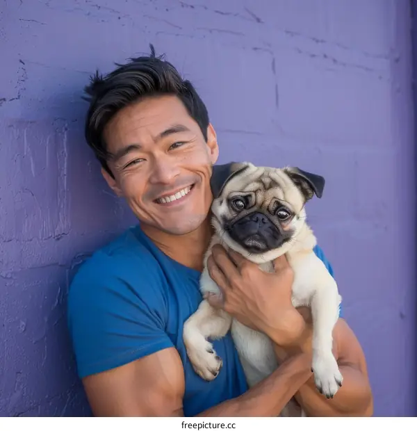 Asian man smiling with a pug