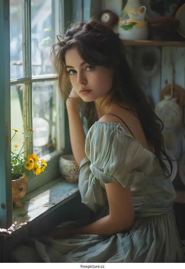 portrait of a beautiful girl with long brown hair sitting by the window