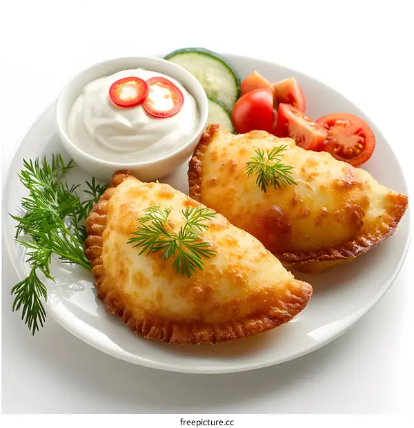 Fried Chebureki with sour cream and vegetables