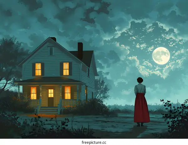 woman in red dress looking at the moon