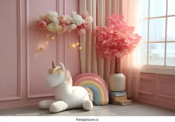 Pink Decorated Kids Room with Unicorn