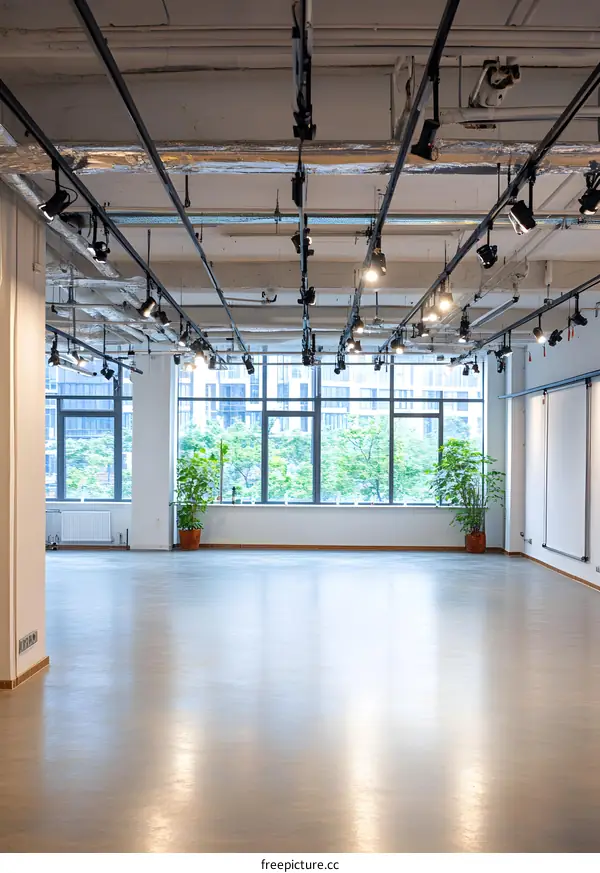 Empty Modern Room With Big Windows And Track Lighting
