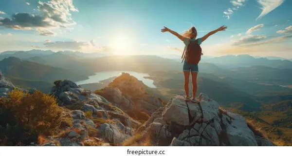 Young woman standing on top of a mountain with her arms outstretched enjoying the view