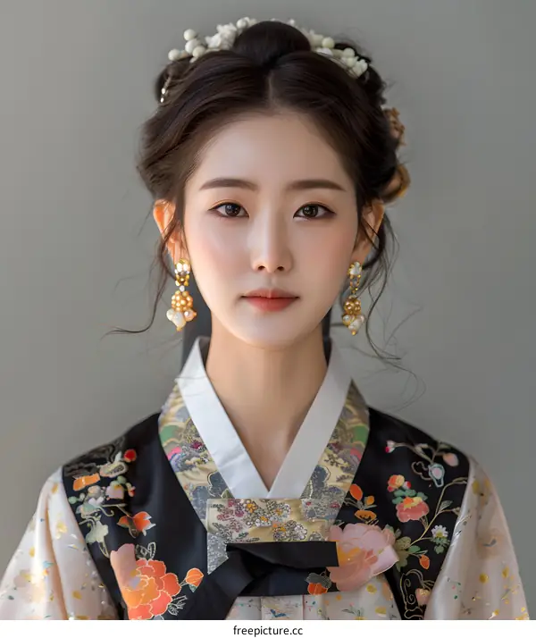 Portrait of a young woman in traditional Korean dress, or Hanbok