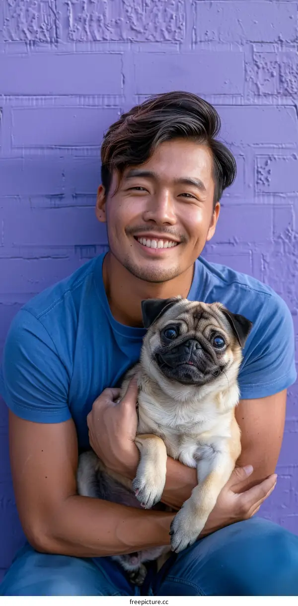 Asian man smiling with pug