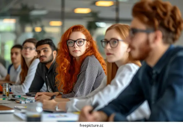 Redhead woman in glasses sitting at a table with a group of people
