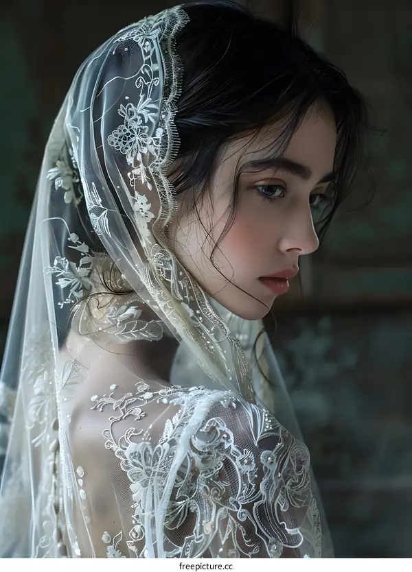 Portrait of a young woman with dark hair wearing a white lace veil