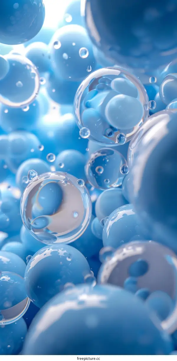 Blue spheres rise in a 3D render