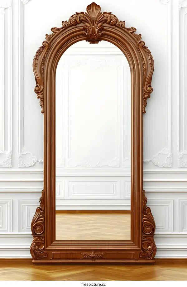 Ornate Wooden Mirror Frame With White Wall Background