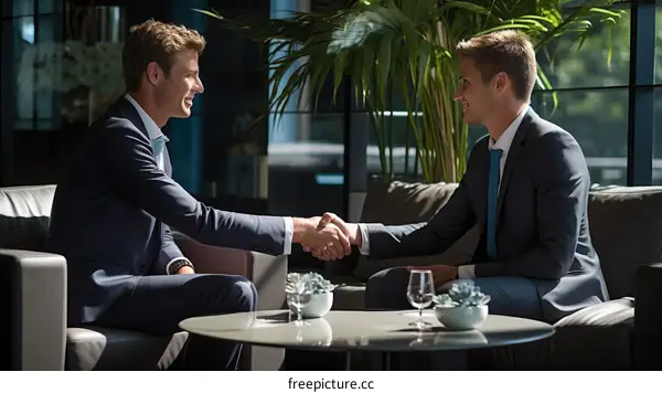 Two businessmen in suits shaking hands in a modern office