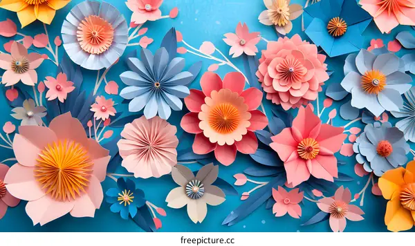 Pink, yellow and blue paper flowers on a blue background