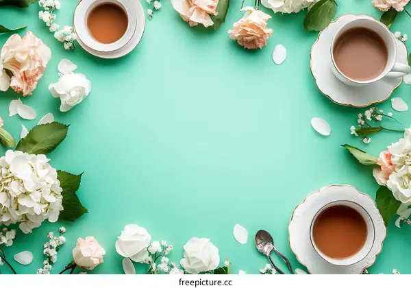 Flat Lay of White and Peach Flowers and Teacups on Mint Background