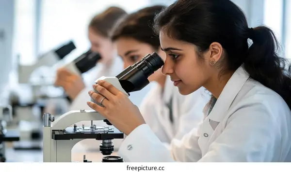 Young Students Observing Through Microscopes