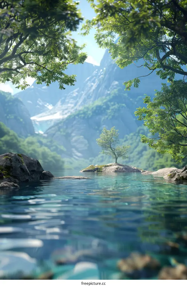 Small Tree on a Rocky Islet Surrounded by Green Mountains