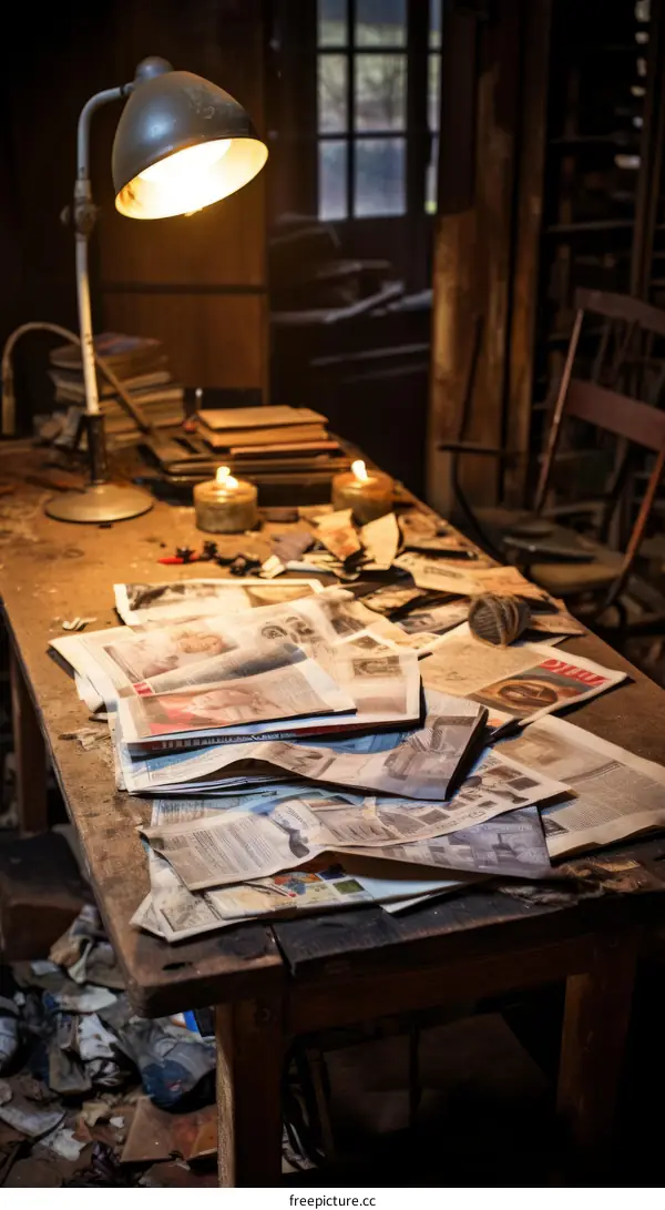 A desk covered with old books, newspapers, and a lamp