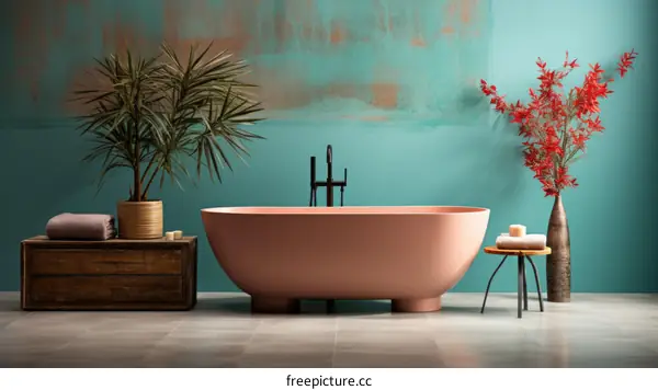 Pink Bathtub with Palm and Flowers in Bathroom