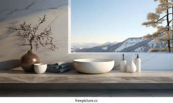 Bathroom interior with a view of the snow-capped mountains