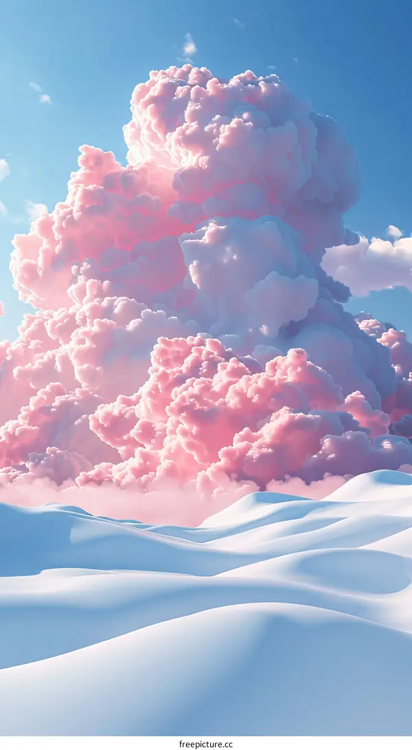 Fluffy pink clouds over snow-covered sand dunes