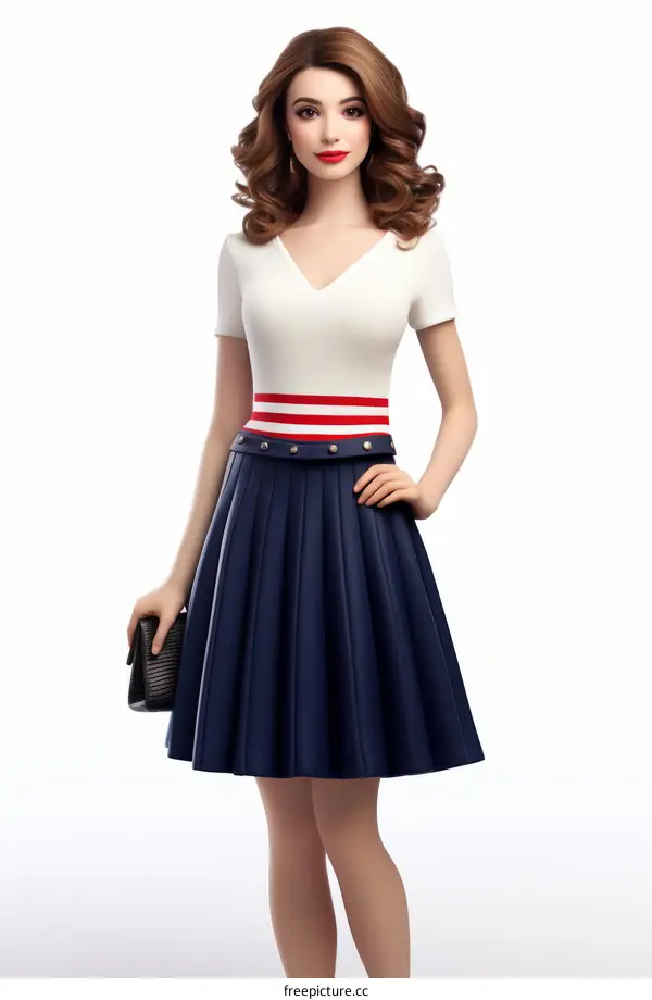 Fashion model wearing a pleated skirt and red and white striped belt