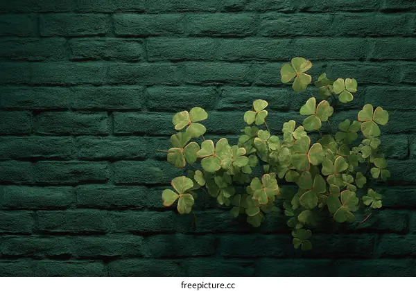 Emerald Green Brick Wall with Lucky Clovers