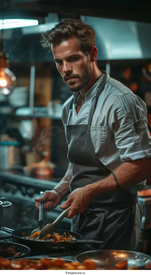 A chef is cooking in a restaurant kitchen.
