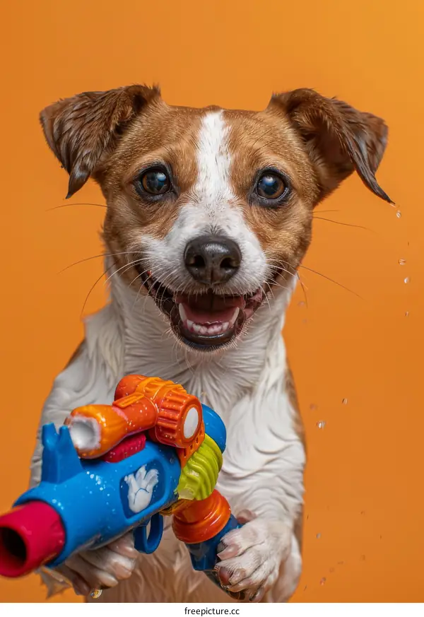 A wet and happy dog is holding a water gun