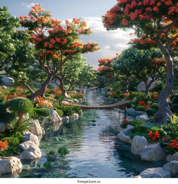 Zen Garden with Bridge and Stream