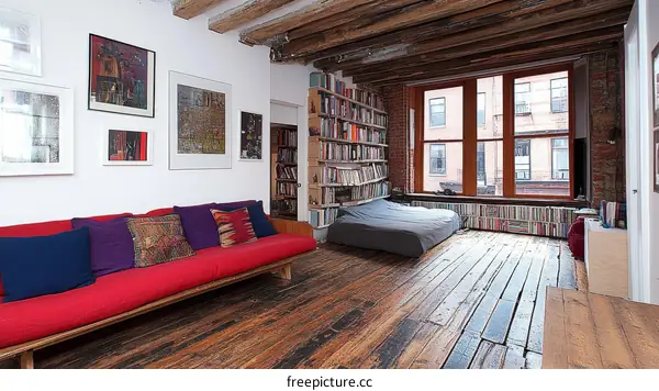 Loft Apartment with Exposed Beams and Bookshelves