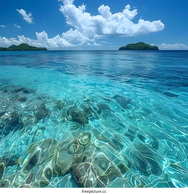 Crystal Clear Water And Green Islands In The Blue Sky