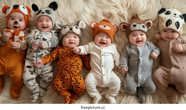 Five babies in animal onesies