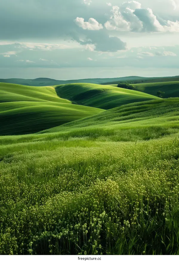 Green rolling hills under a blue sky with white clouds