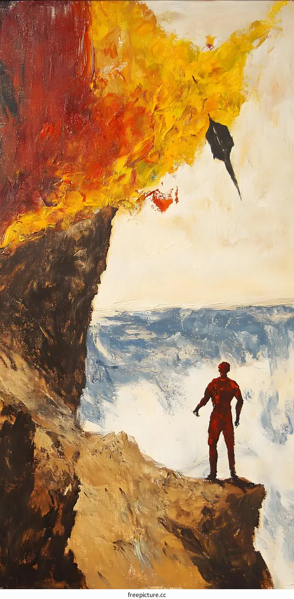 Abstract Oil Painting of a Man Standing on a Cliff with a Red Sky and a Blue Sea