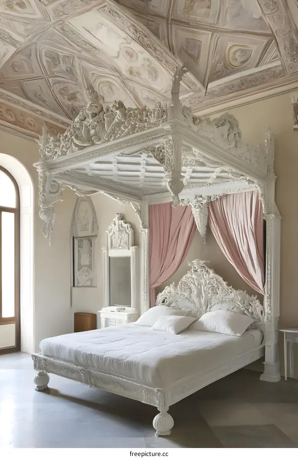 Ornate White Canopy Bed in a Palace Room