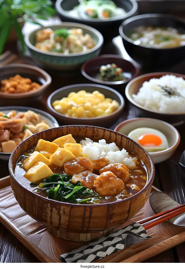 A delicious Japanese meal with curry, rice, and various side dishes