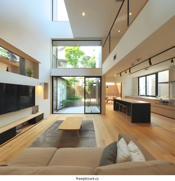 Modern Japanese Home Interior Design with Open Floor Plan and Large Windows