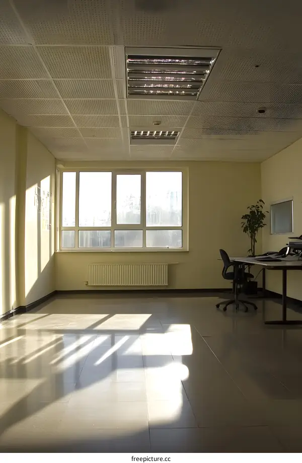 Empty Office Space with Large Window and Sunbeams