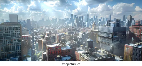 A cityscape with a lot of tall buildings and a blue sky